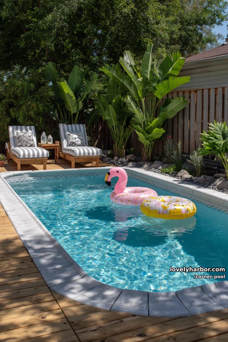 oval pool with inflatable floats, adjacent deck, and tropical plants 1