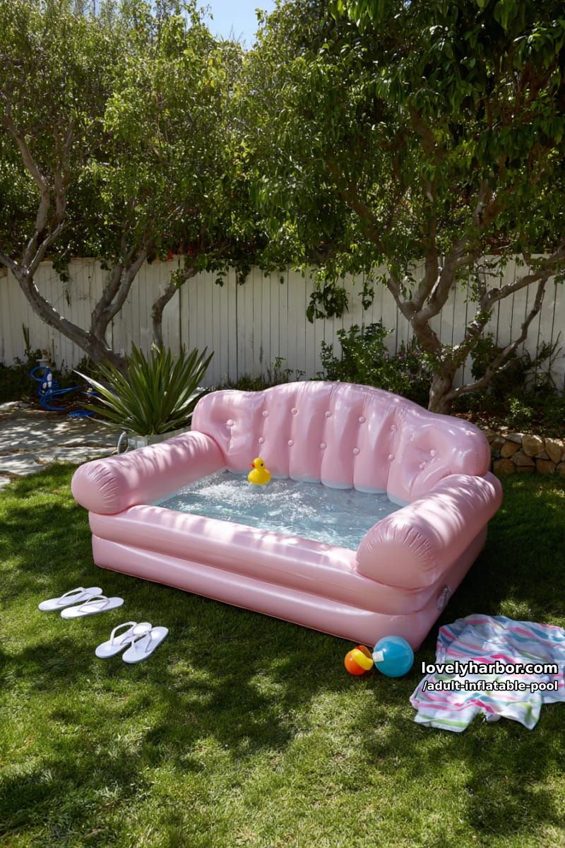 oversized pink sofa-shaped inflatable pool. 1