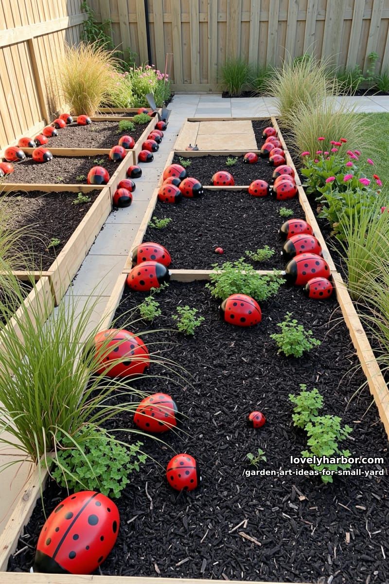 20 Creative Garden Art Ideas to Elevate Small Yards 7 painted rock ladybug colony scattered along garden beds 1