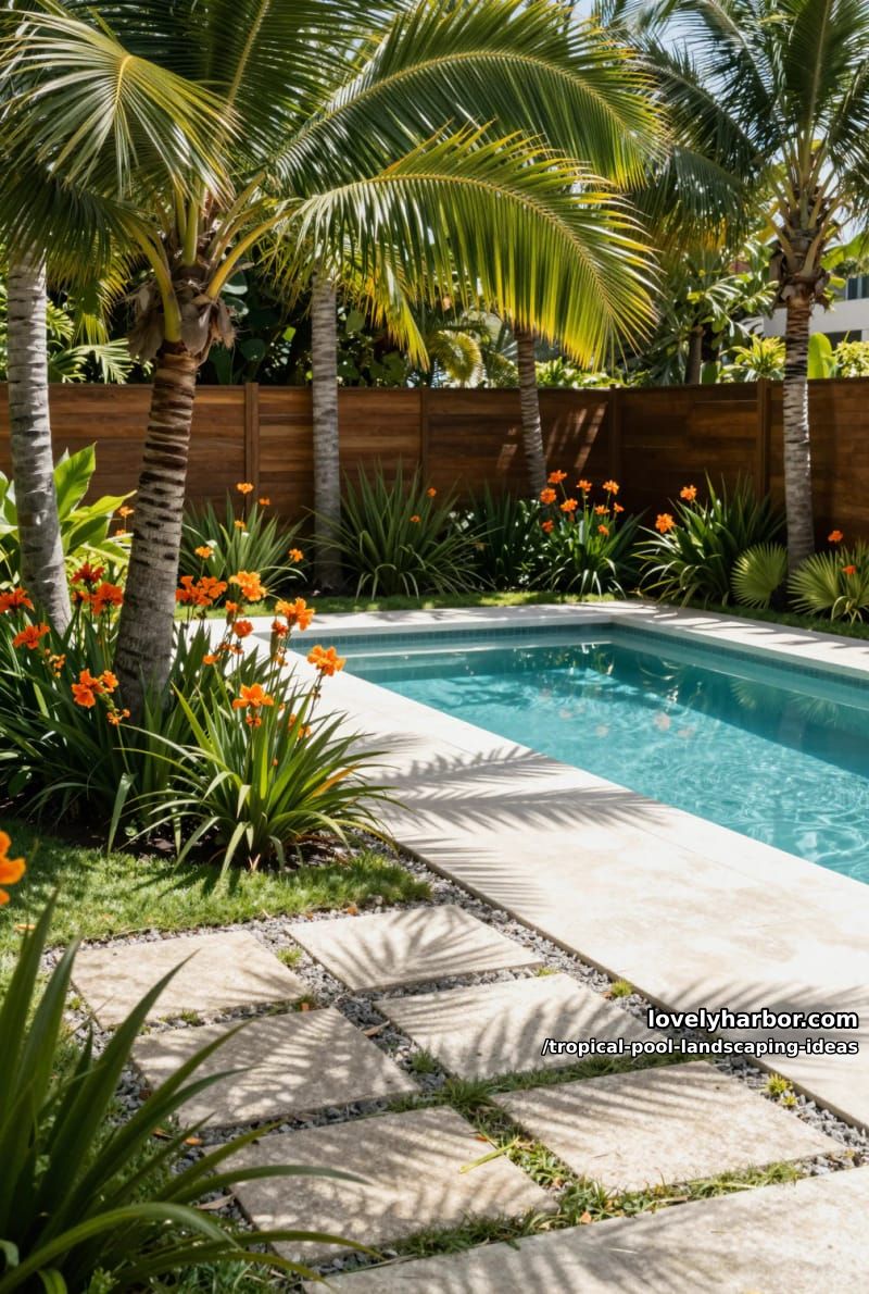 palm trees over modern backyard, rectangular pool, gravel path, wooden fence. 1