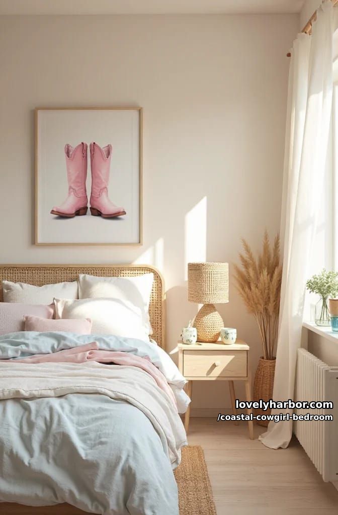 pastel and natural decor, pink boots painting, rattan lamp, trinket dishes. 1