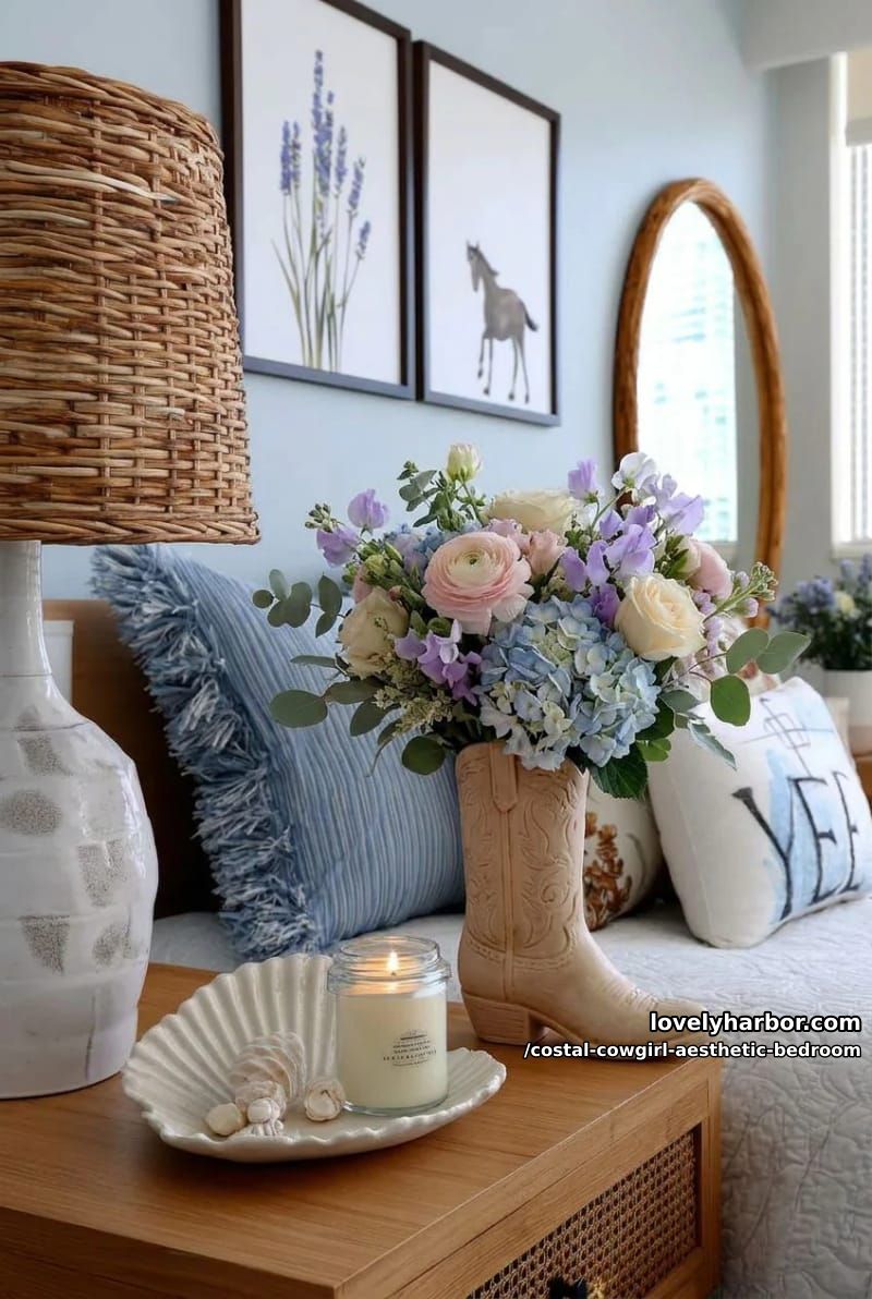 pastel blue bedroom with rattan lamp, “yee” cowboy pillow, boot-shaped vase with flowers and greenery 1