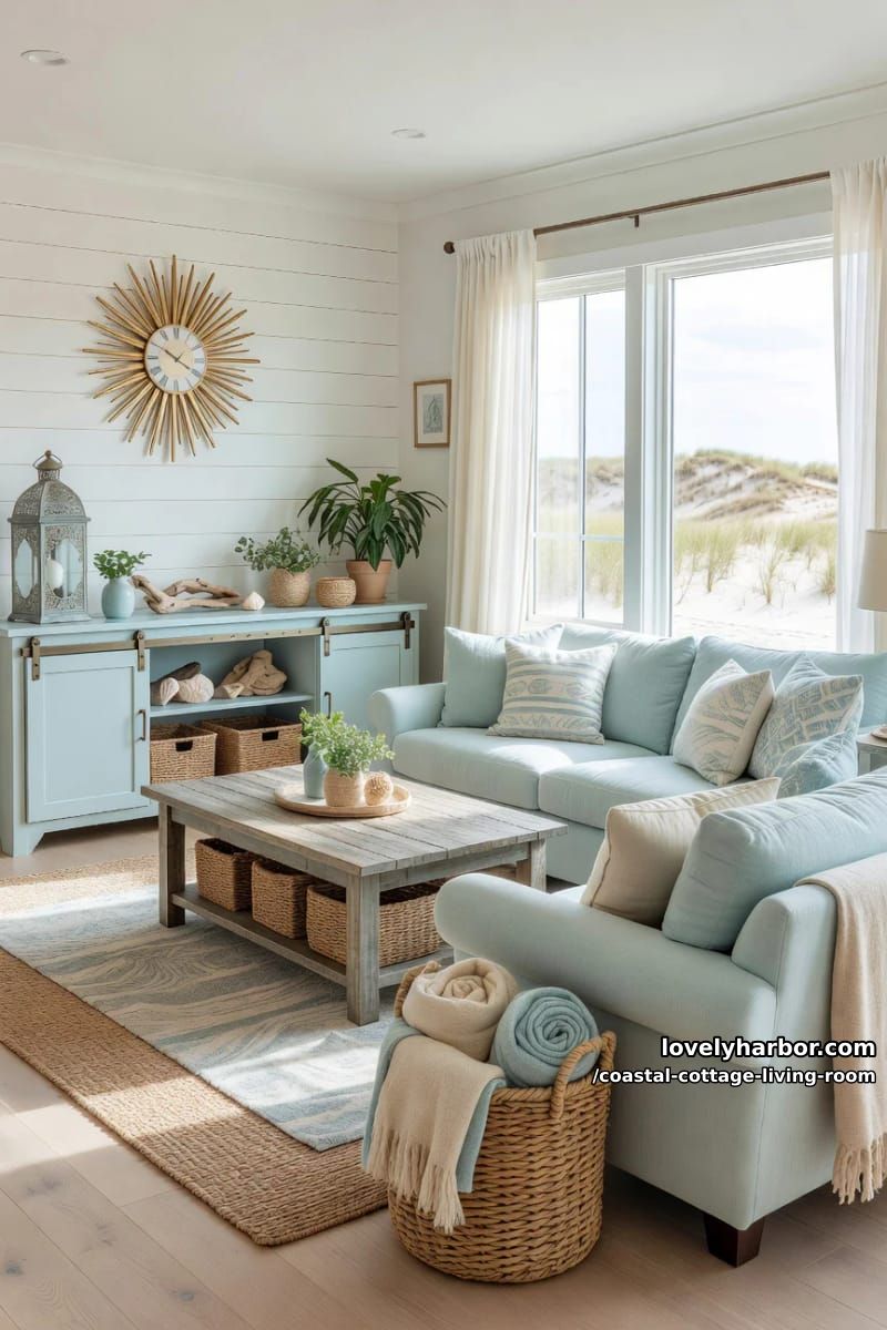pastel blue sofas, woven rugs, and shiplap walls in a coastal-style living room. 1