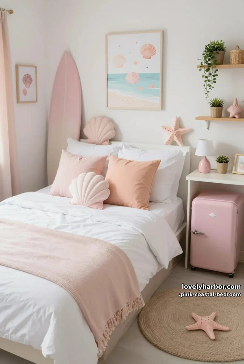 20 Dreamy Pink Coastal Bedroom Ideas to Try This Season 21 pastel coastal bedroom with shell pillows and beach-inspired workspace. 1