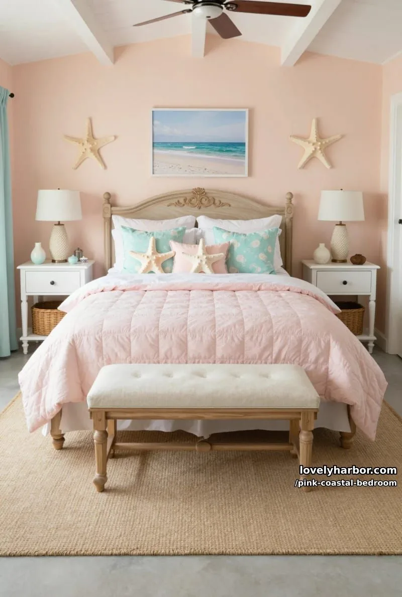 20 Dreamy Pink Coastal Bedroom Ideas to Try This Season 4 pastel coastal bedroom with starfish pillows and vaulted ceiling. 1