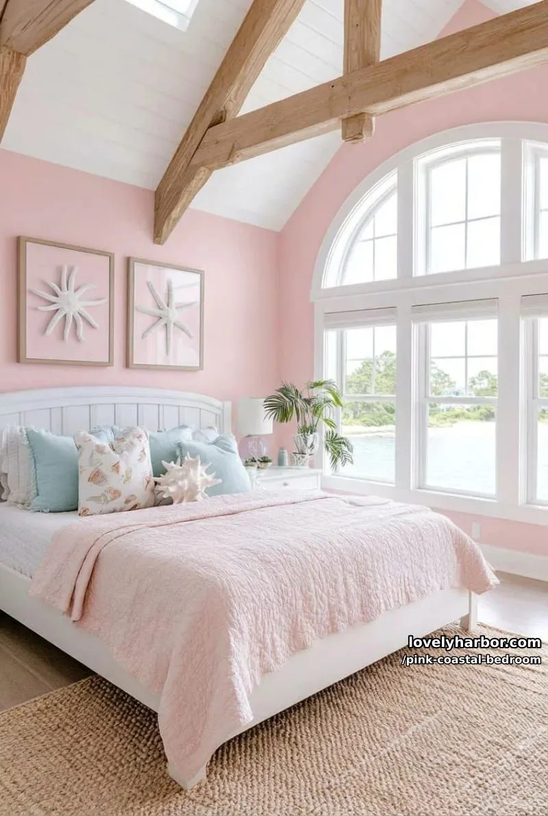 20 Dreamy Pink Coastal Bedroom Ideas to Try This Season 5 pastel coastal bedroom with starfish pillows and vaulted ceiling. 1
