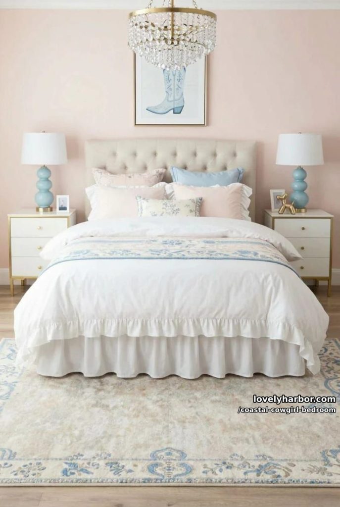 pastel feminine bedroom, tufted headboard, blue boot art, crystal chandelier. 16