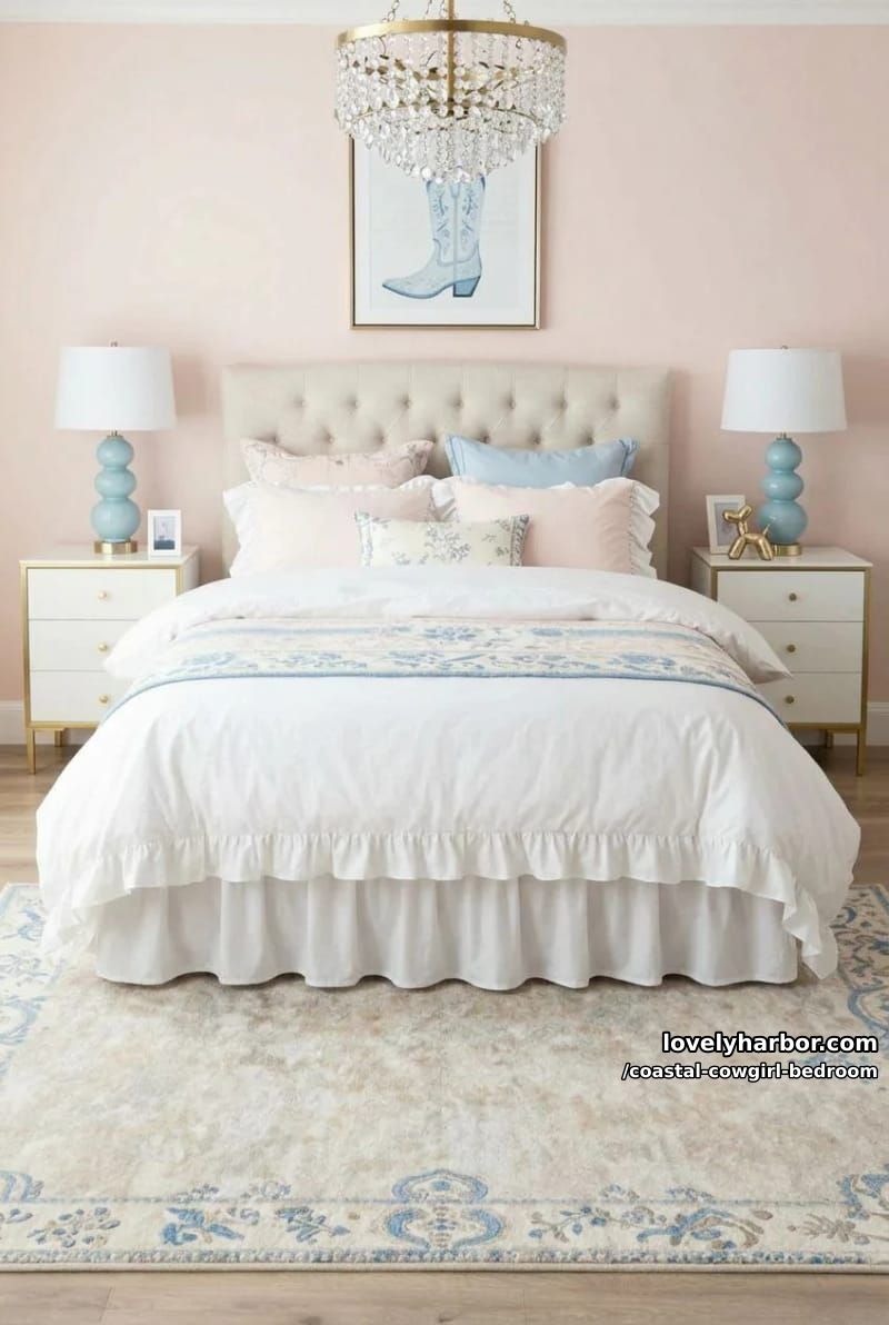pastel feminine bedroom, tufted headboard, blue boot art, crystal chandelier. 1