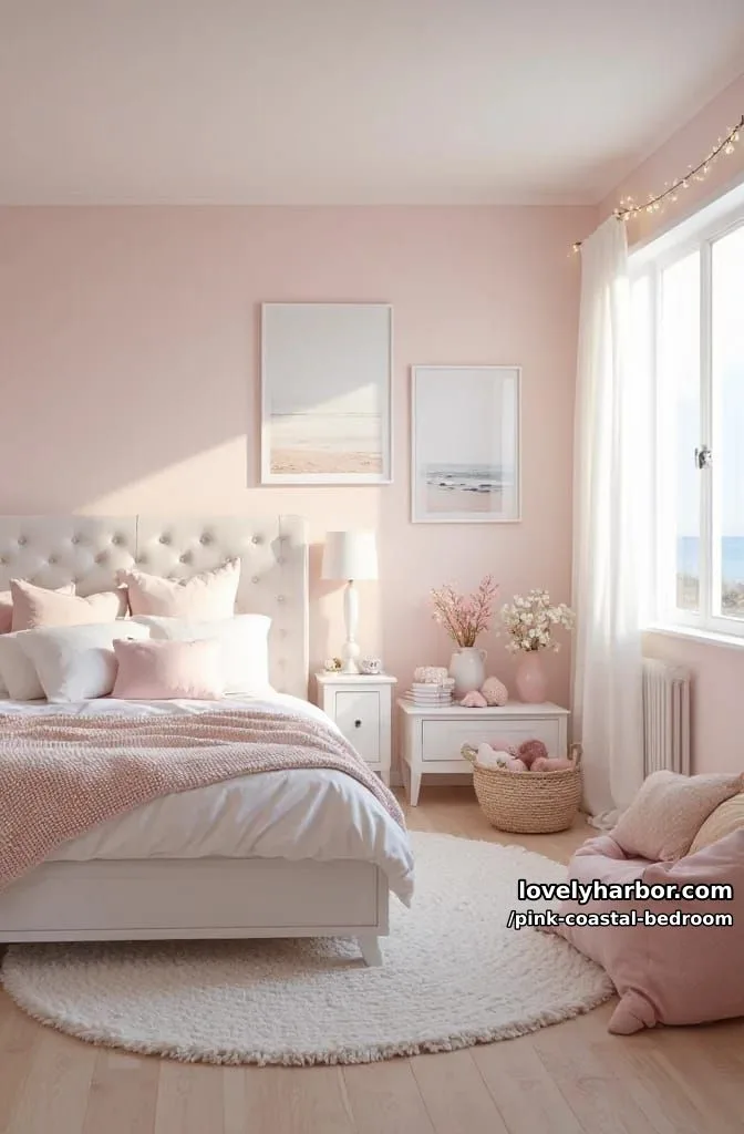 20 Dreamy Pink Coastal Bedroom Ideas to Try This Season 14 pastel pink and white bedroom living space with cozy, playful accents. 1