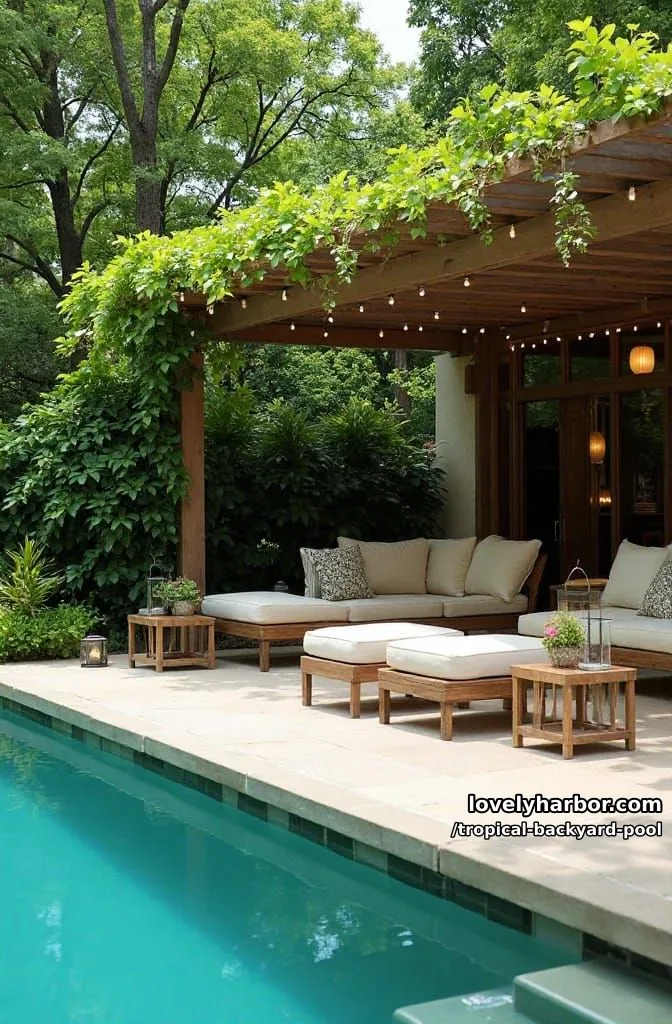 20 Tropical Backyard Pools That Feel Like a Resort 3 patio pool with pergola, cushioned sofas, string lights, and lush greenery 1