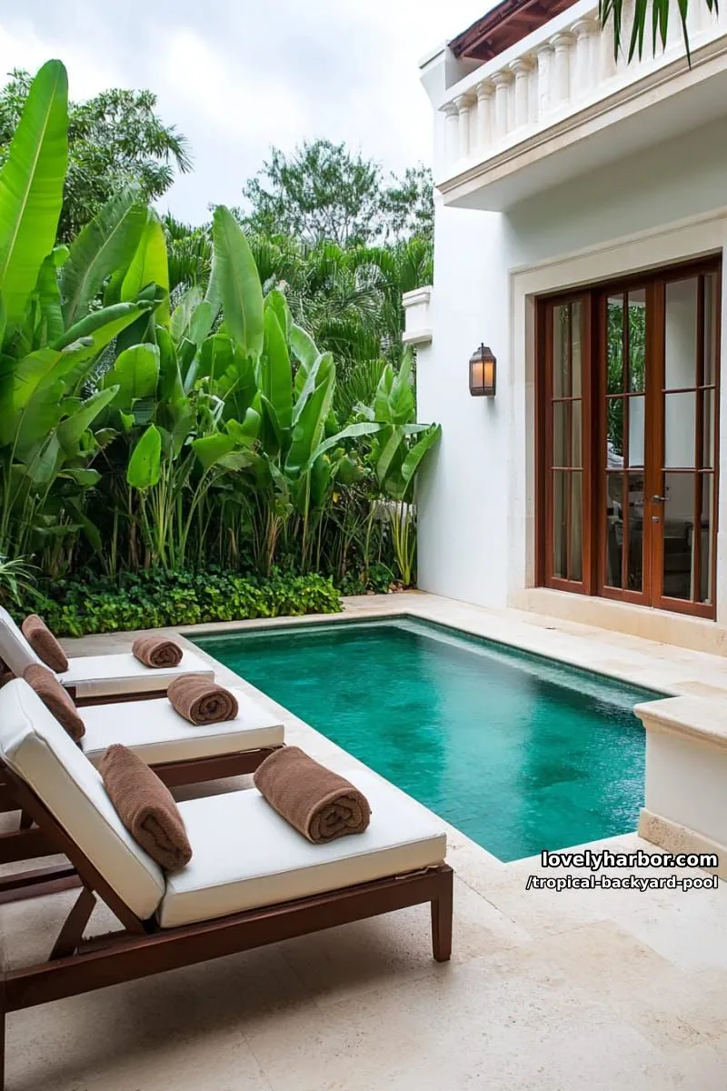 20 Tropical Backyard Pools That Feel Like a Resort 20 patio with small pool, beige tiles, cushioned chairs, and privacy greenery 1