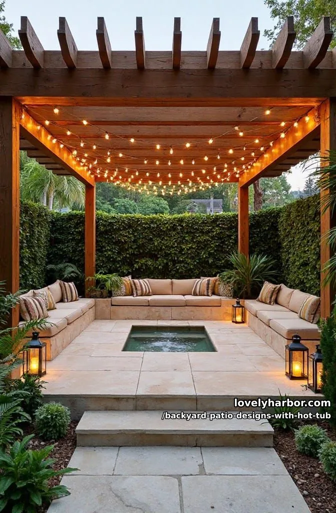 20 Dreamy Backyard Patios with Hot Tubs to Inspire 14 pergola with fairy lights, recessed hot tub, built-in benches, and lush plants. 1