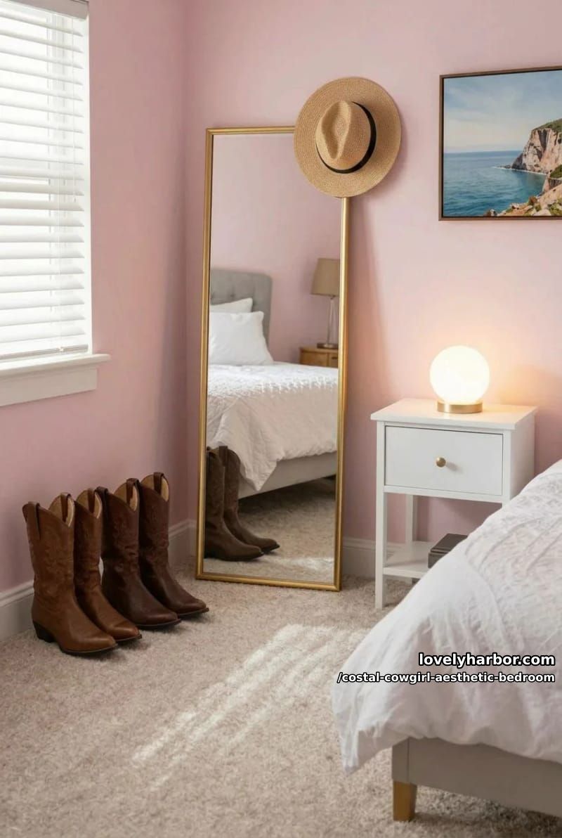 pink bedroom corner with gold mirror, cowboy boots, straw hat, and coastal painting 1