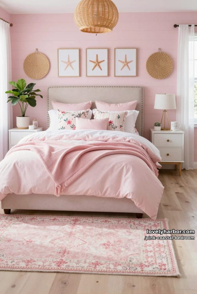 pink panel bedroom with upholstered headboard and vibrant coastal touches. 22