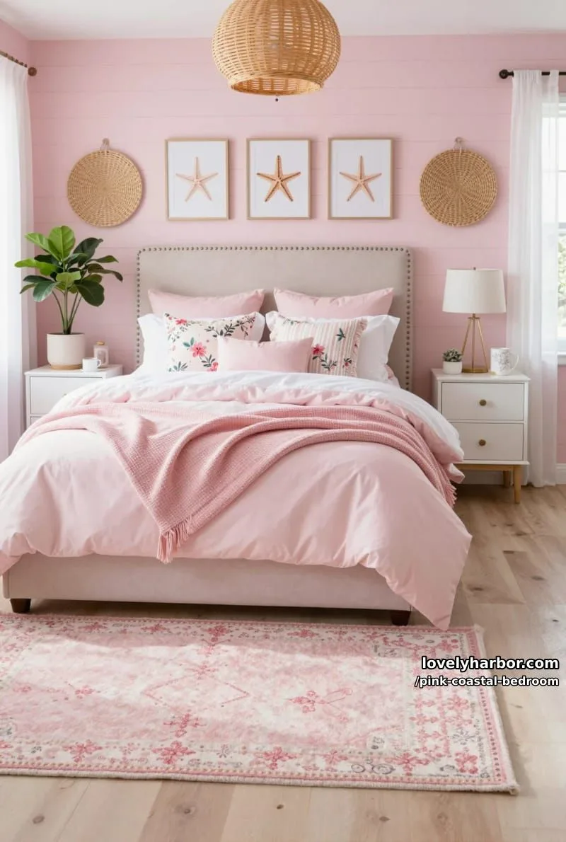20 Dreamy Pink Coastal Bedroom Ideas to Try This Season 22 pink panel bedroom with upholstered headboard and vibrant coastal touches. 1