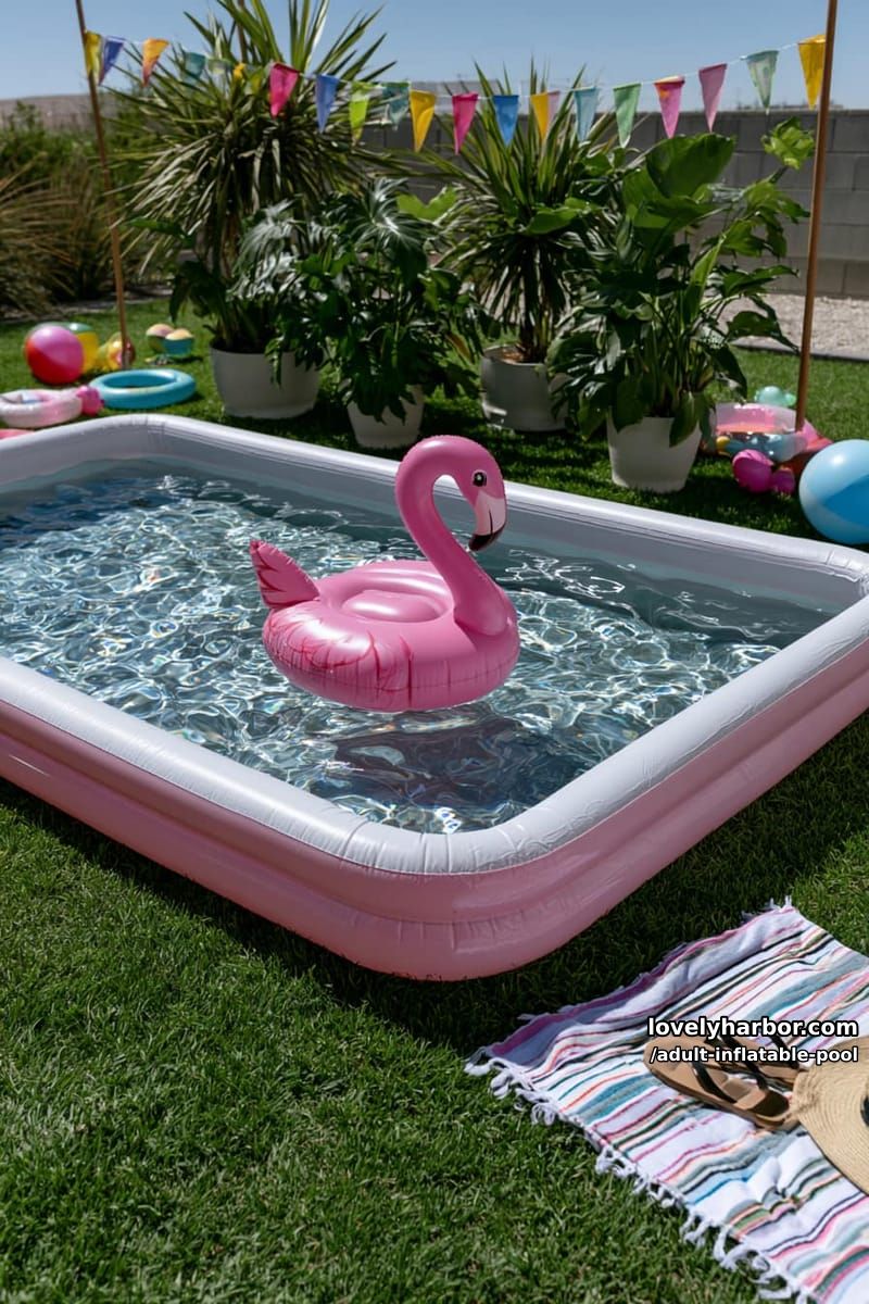 pink rectangular above-ground pool with flamingo float and playful decor. 1