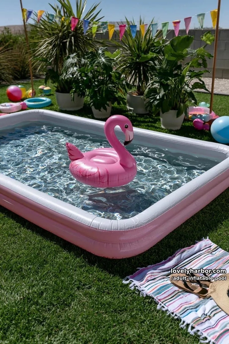 19 Fun Adult Inflatable Pools For Your Backyard 8 pink rectangular above-ground pool with flamingo float and playful decor. 1
