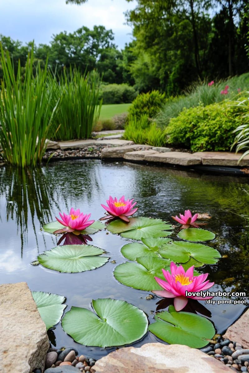 pink water lily on pond pool surrounded by lily pads 1