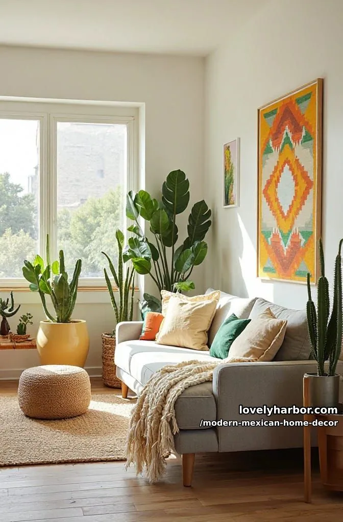 18 Modern Mexican Decor for a Stylish Home 9 plant-filled living room with colorful accents and mexican-patterned textiles. 1