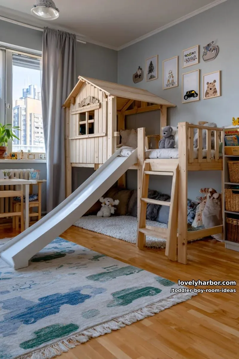 15 Playful Toddler Boy Room Design Ideas for Your Next Makeover 16 playhouse loft bed with ladder, slide, and a secret hideaway underneath. 1