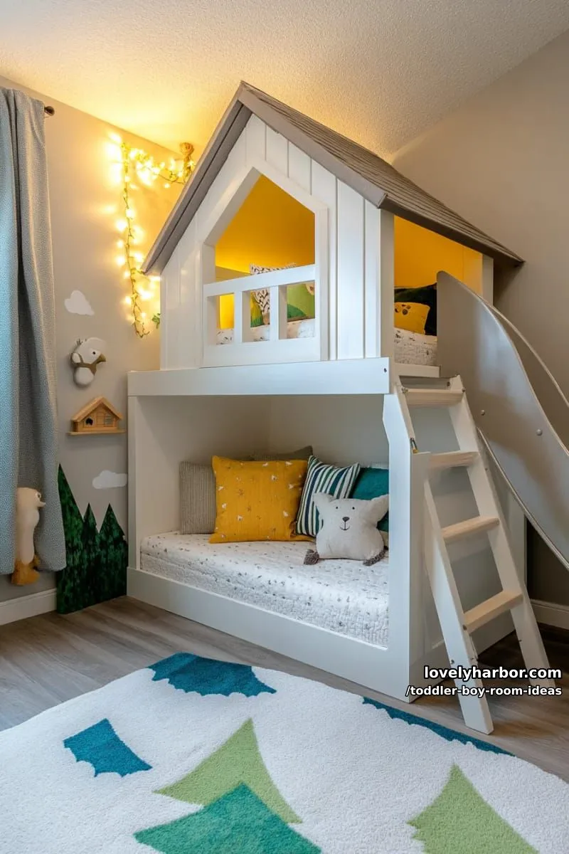 15 Playful Toddler Boy Room Design Ideas for Your Next Makeover 17 playhouse loft bed with ladder, slide, and a secret hideaway underneath. 1