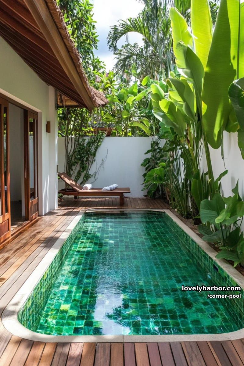 plunge pool with green tiles, wooden deck, and lush tropical backdrop 1