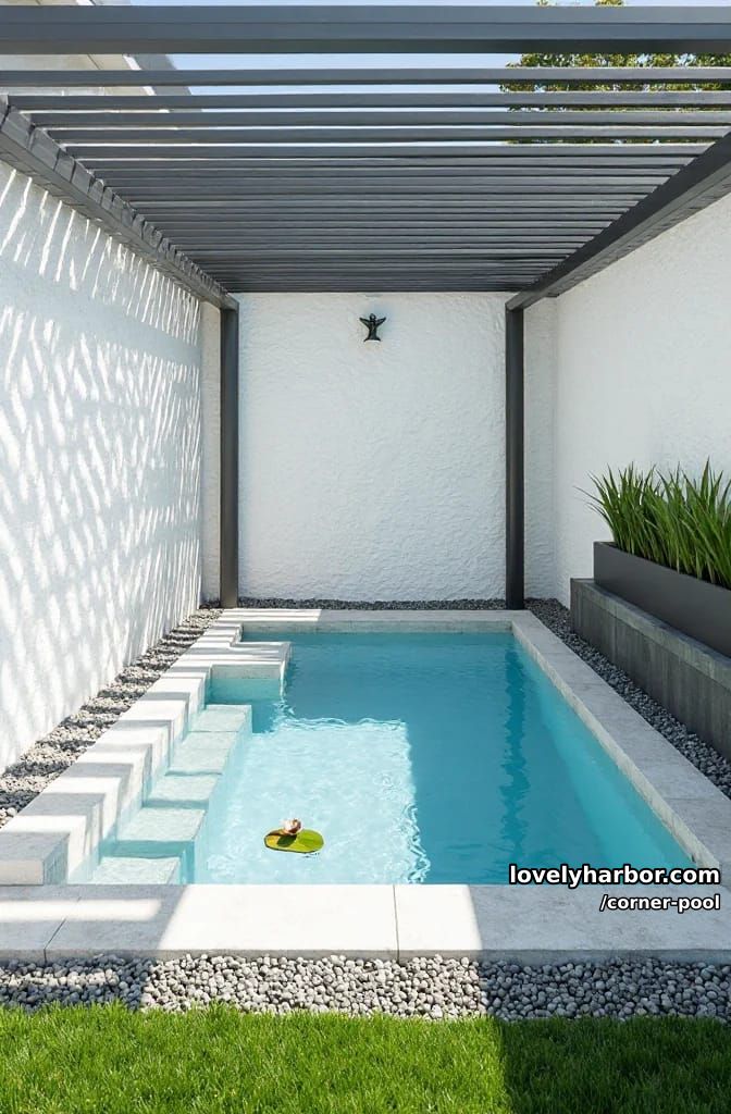 plunge pool with stone walls, metallic pergola, and minimalist landscaping 1