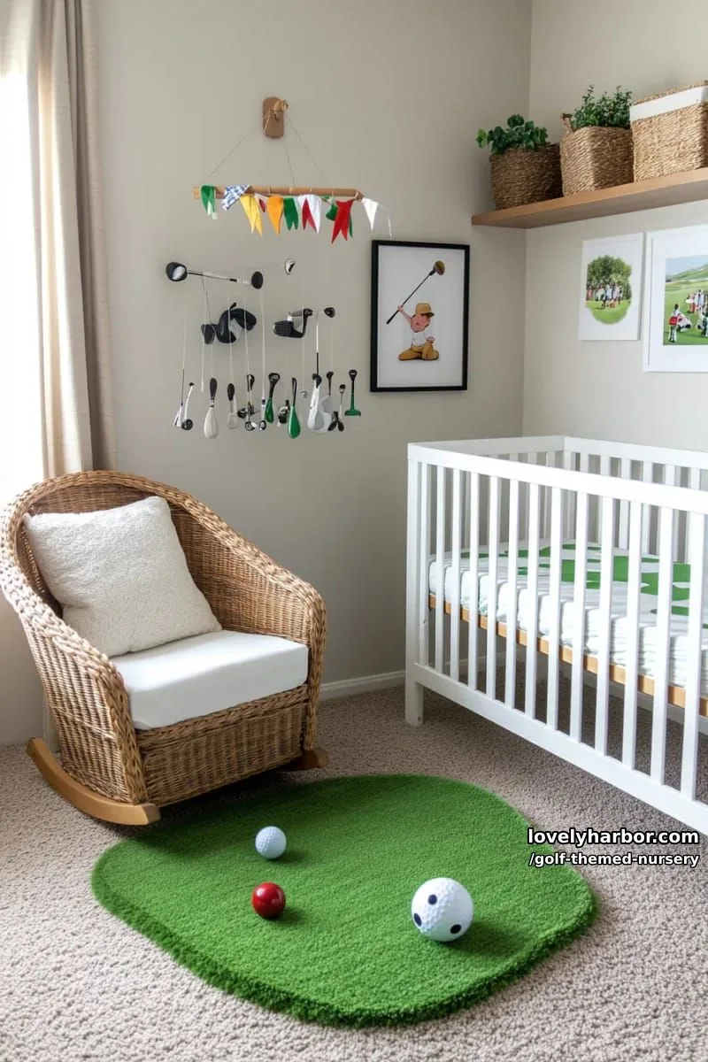 plush putting green rug under a rattan rocking chair 1