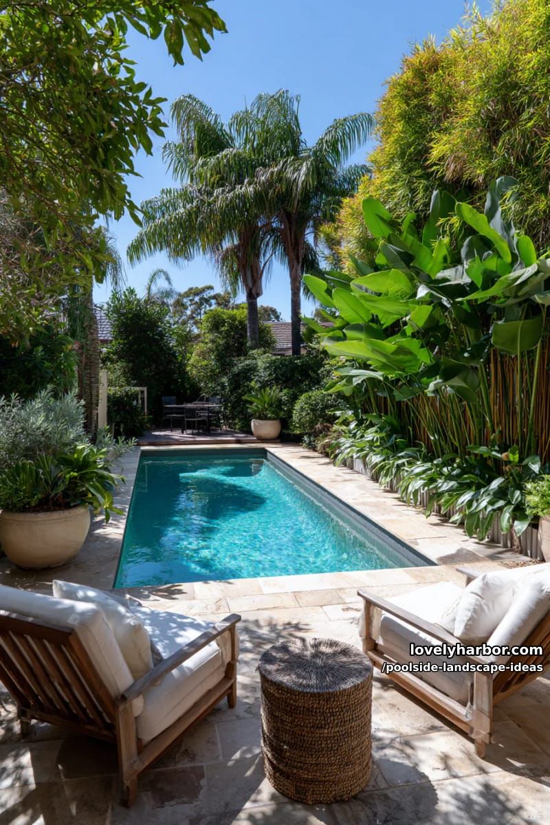pool area enclosed by bamboo privacy screen and leafy tropical plants. 1