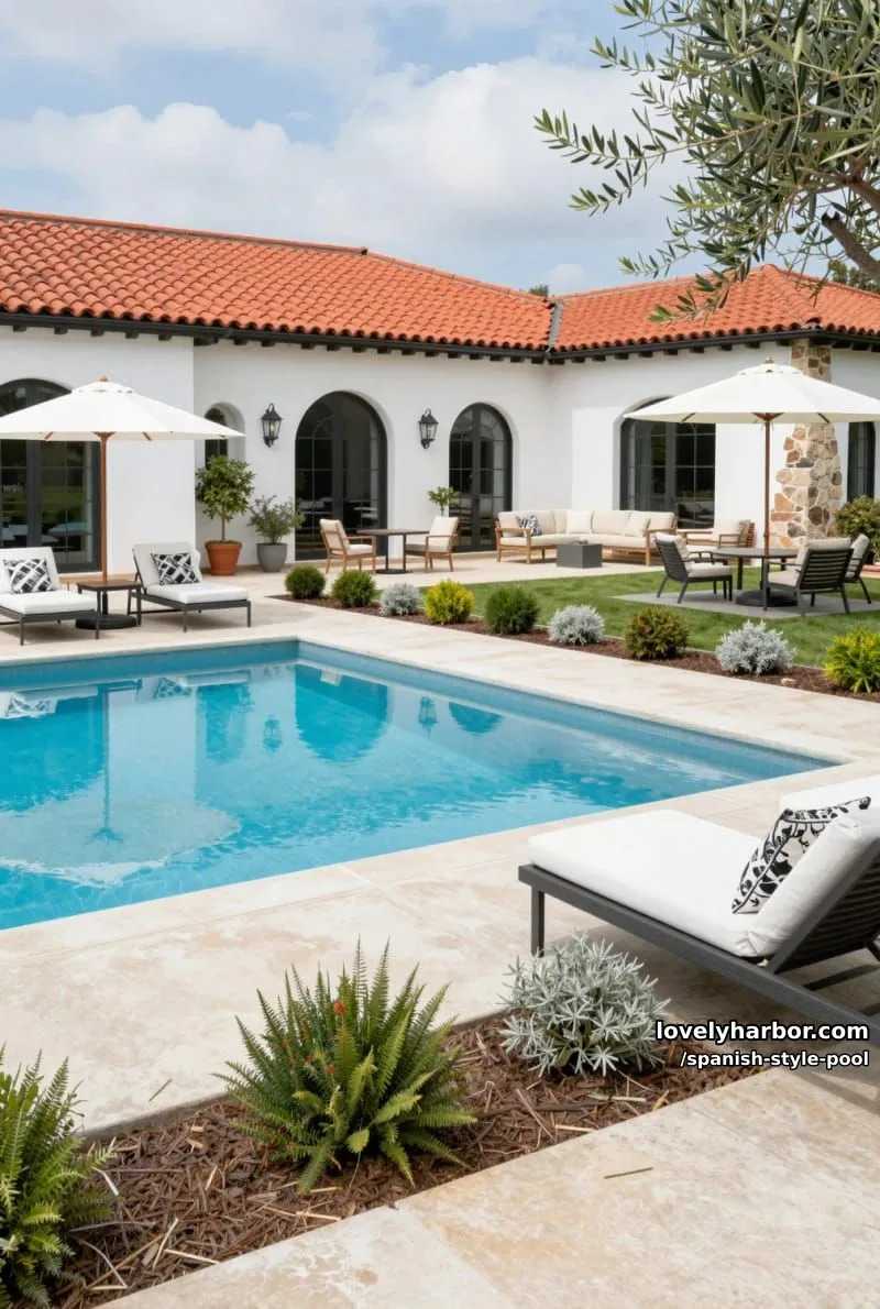 pool beside a modern mediterranean house with glass doors and olive tree. 1