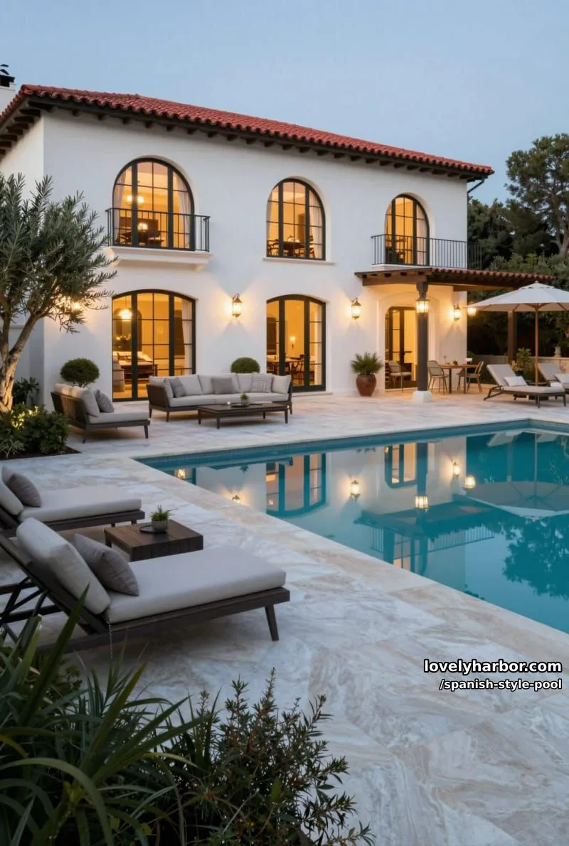 pool beside a villa with illuminated facade, arched windows, and pergola at dusk. 1