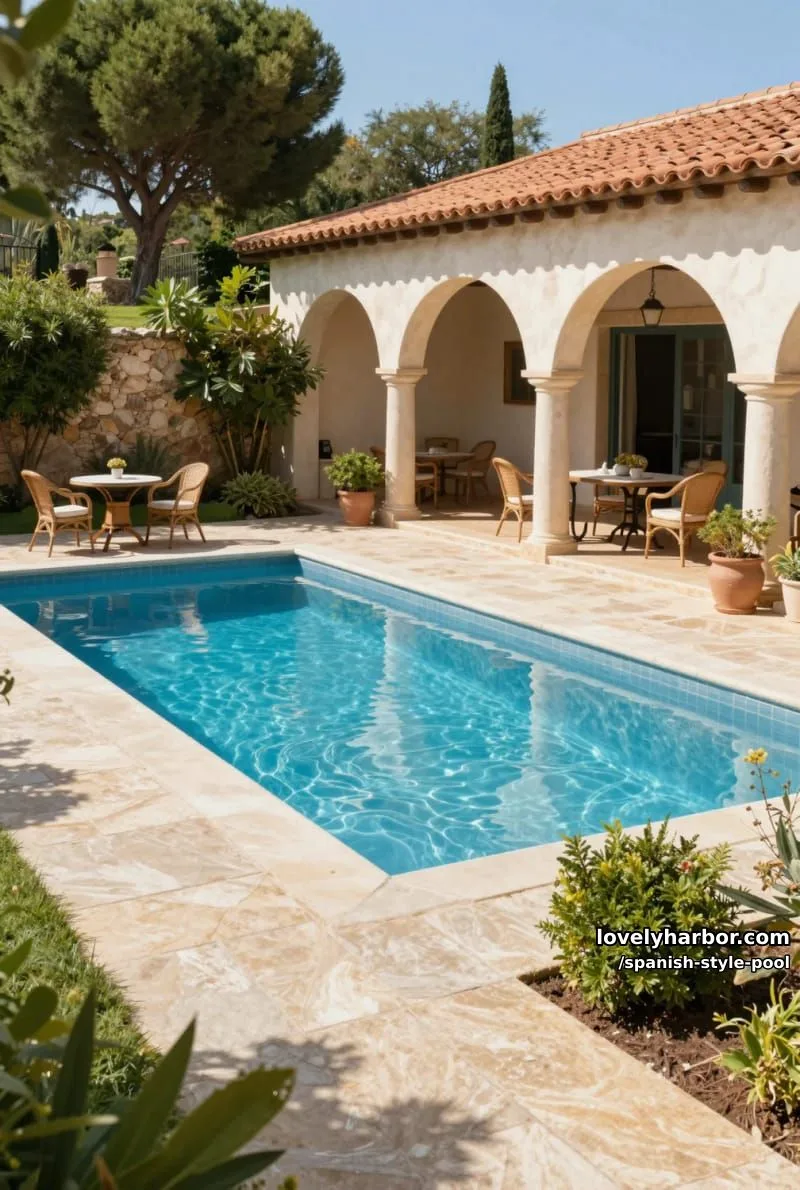 pool beside stucco house, arched columns, wicker patio, and sunlit garden. 1