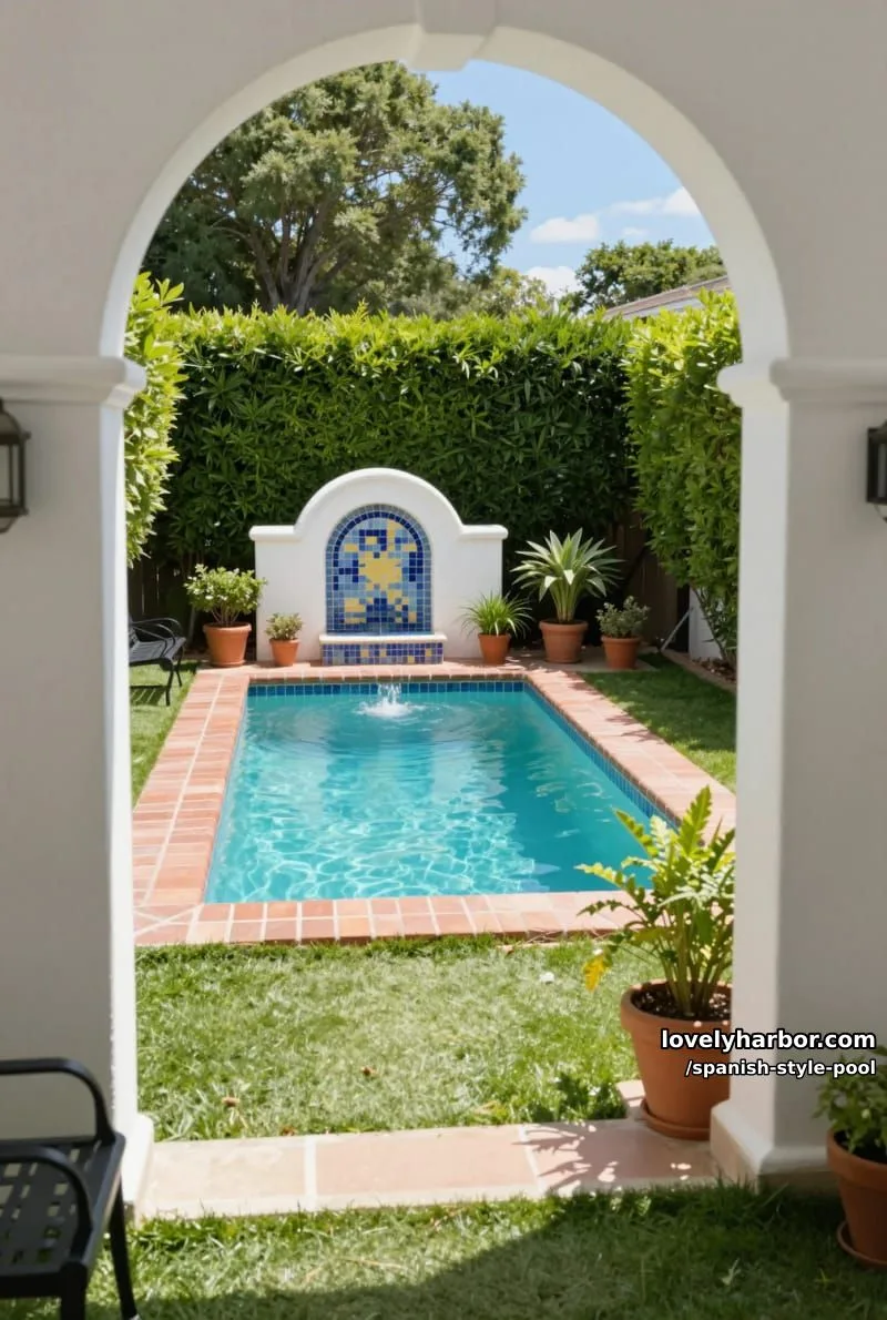 pool framed by white archway, brick paving, mosaic water feature, and hedges. 1