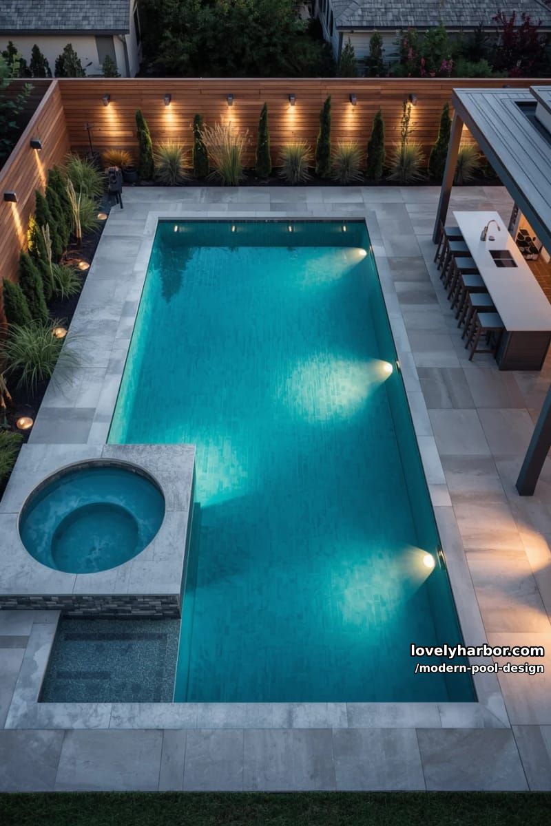 pool with attached hot tub, pavilion kitchen, lounge seating, and wooden fence. 1