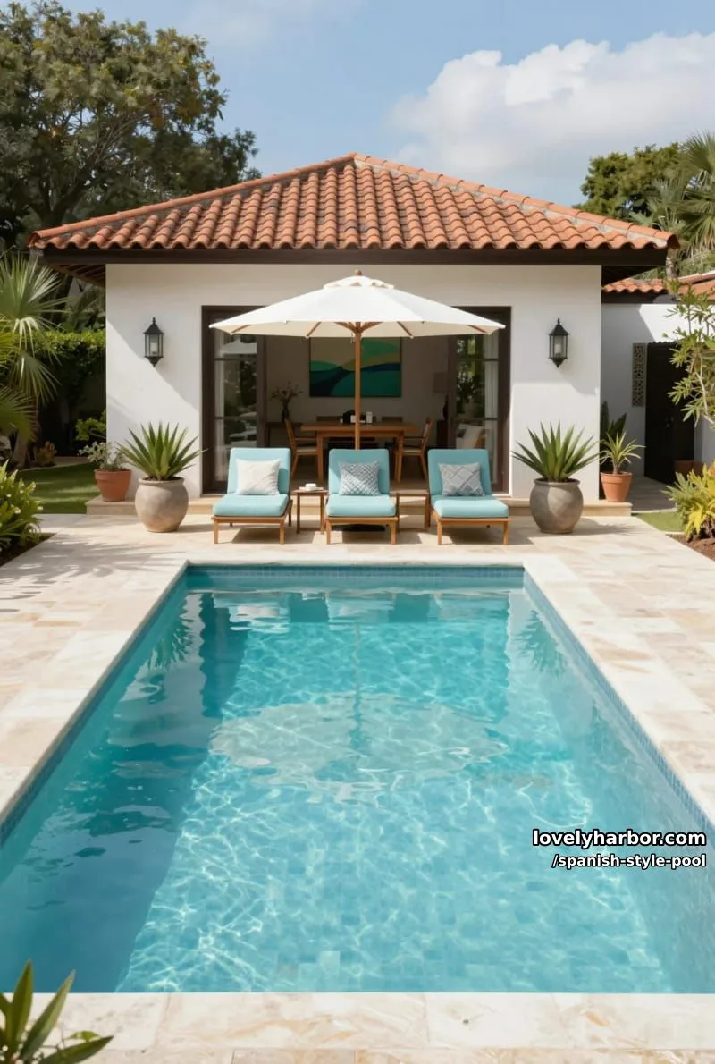 pool with blue loungers, white umbrella, planters, and open dining area. 1