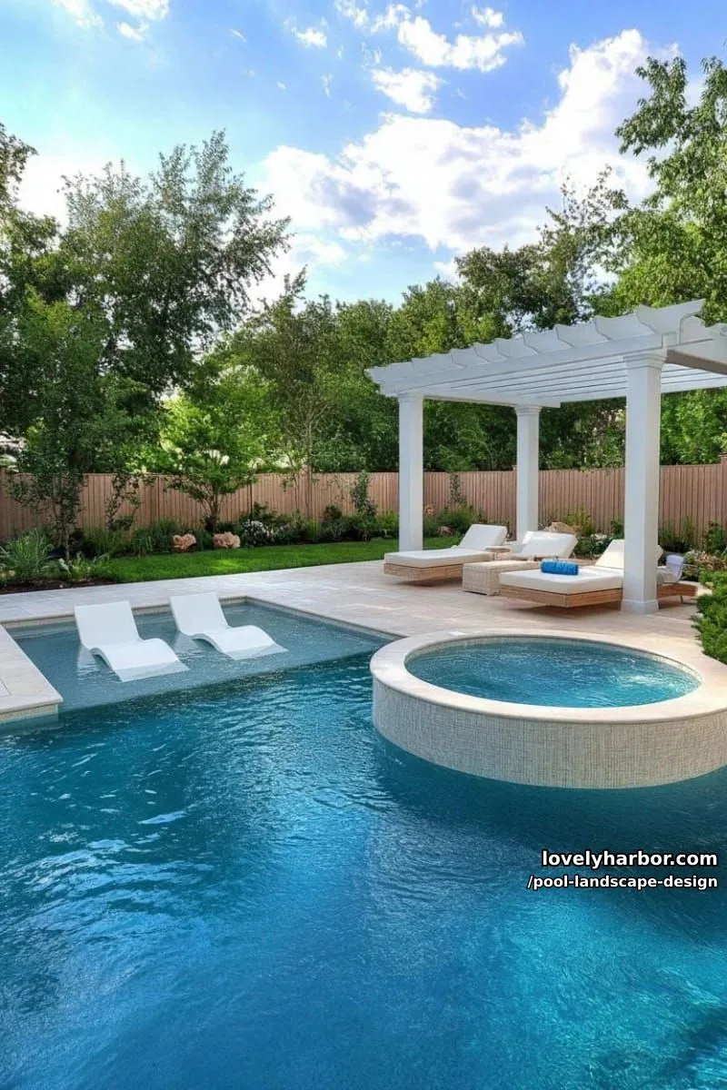 pool with built-in hot tub, submerged loungers, and sleek white pergola. 1