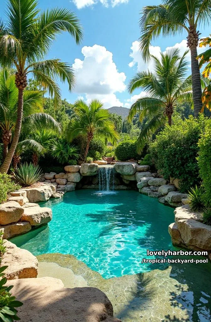 20 Tropical Backyard Pools That Feel Like a Resort 11 pool with cascading waterfall, natural rocks, and vibrant tropical plants 1
