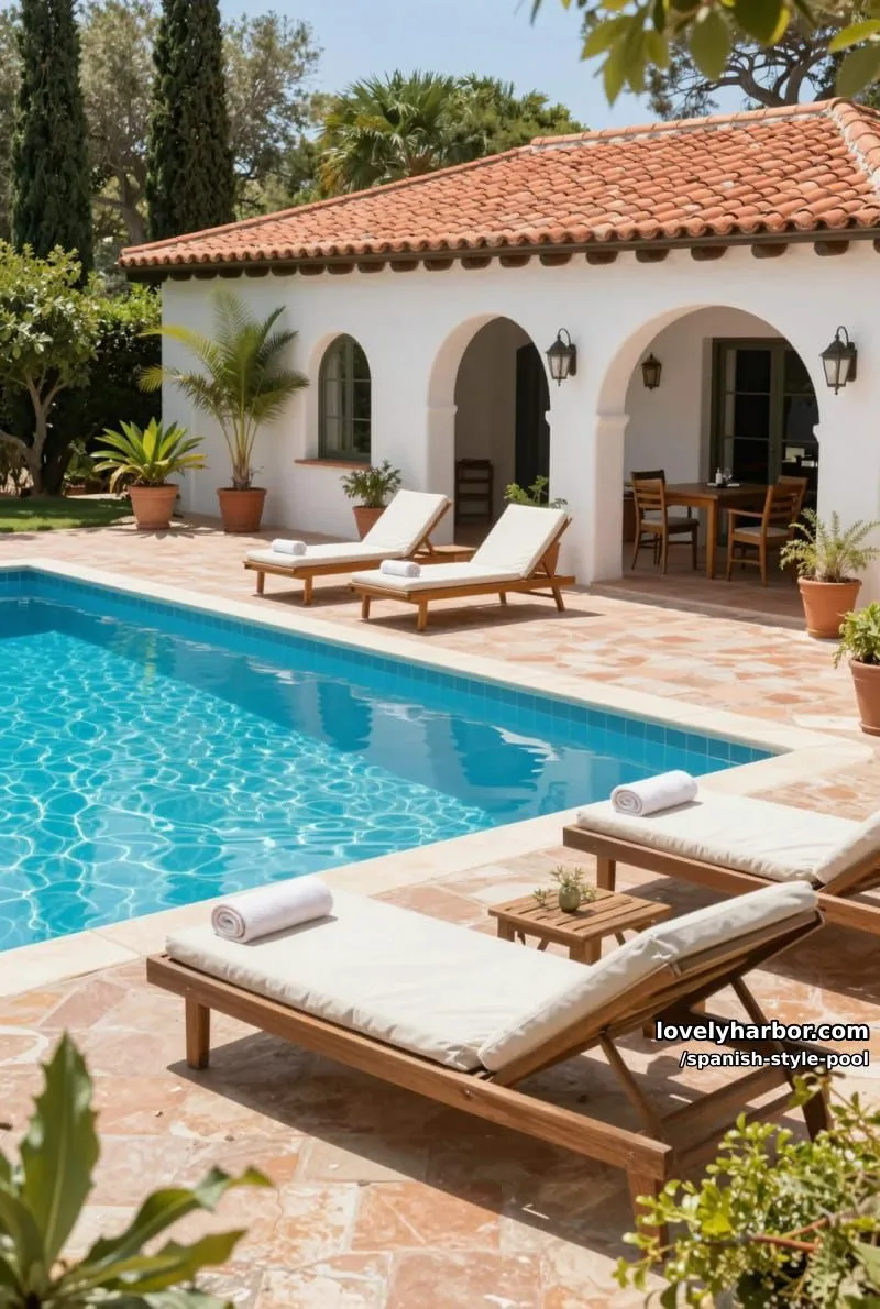 pool with cypress trees, villa with arched doorways, and outdoor dining area. 1