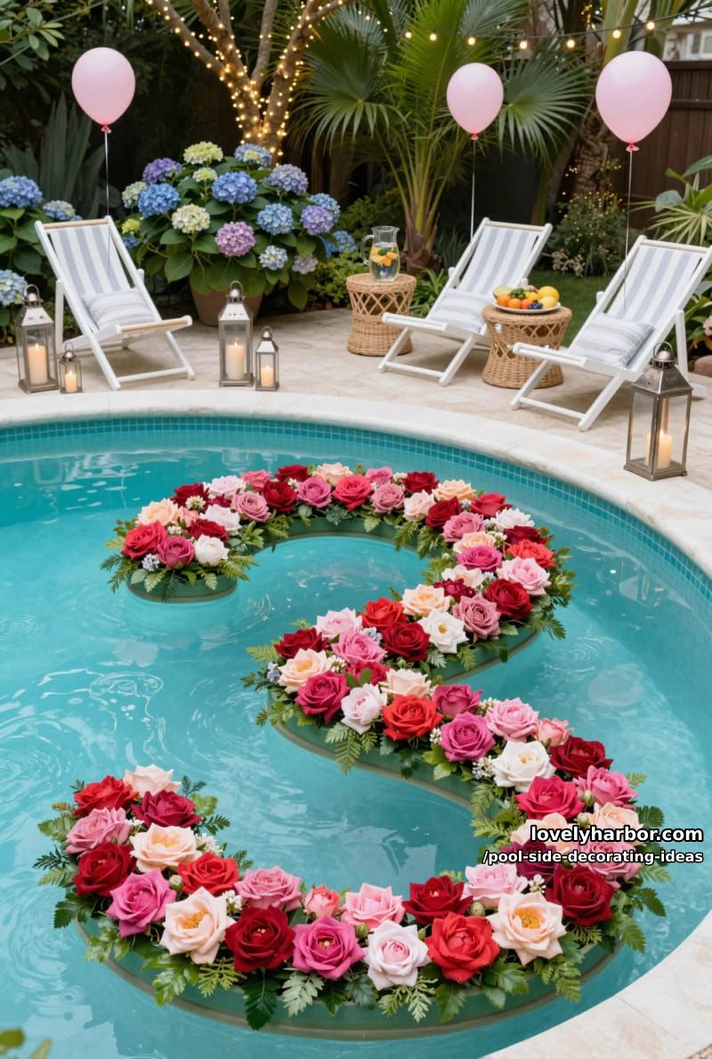 pool with floating floral number arrangements and lush garden background. 1