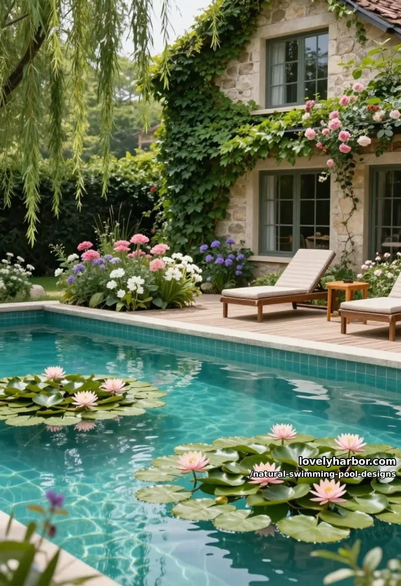 20 Natural Swimming Pool Designs for a Relaxing Outdoor Space 17 pool with flowering plants, water lilies, wood deck, and ivy-covered house. 1