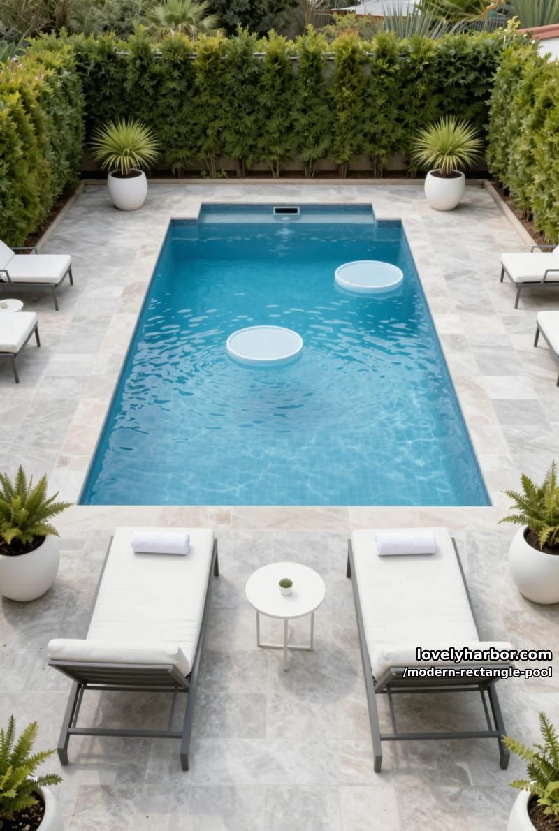 pool with gray tiles, circular floats, arborvitae privacy, white lounge chairs, planters. 1