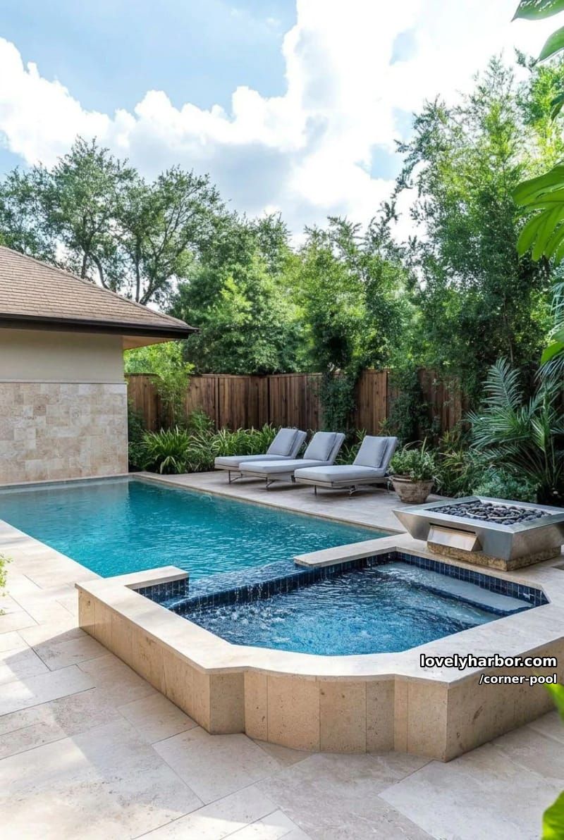 pool with hot tub, fire feature, and lush landscaping at dusk 1