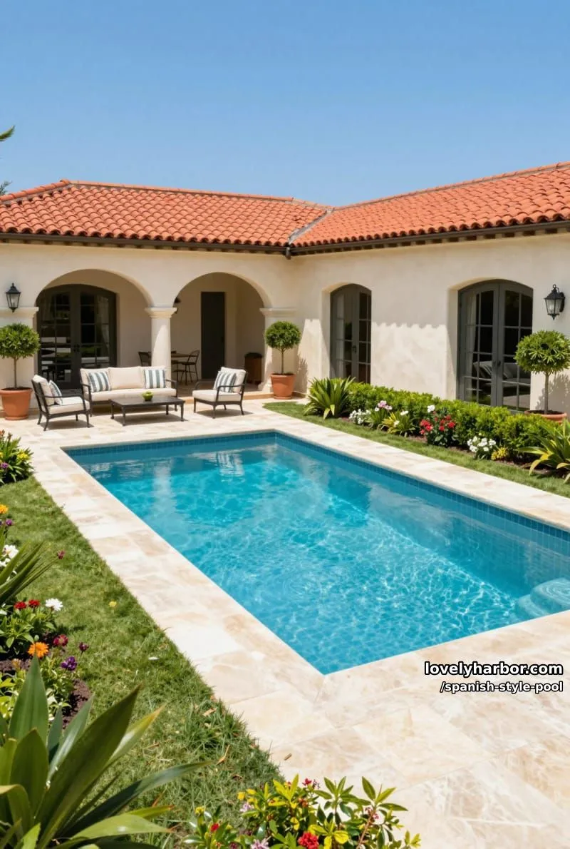 pool with manicured landscaping, arched patio, striped outdoor furniture. 1