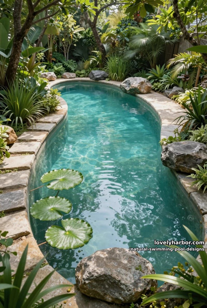 pool with stepping stones, stone-edged pathways, and dense garden greenery. 1