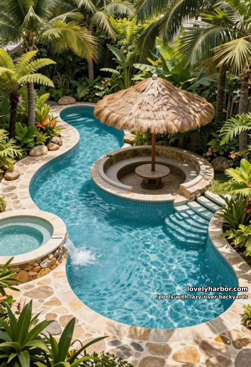 19 Pools with Lazy Rivers for Stunning Backyards 9 pool with stone borders, hot tub, island seating under a thatched umbrella. 1