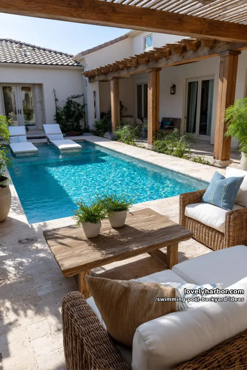 pool with submerged loungers, covered patio, and rustic lounge furniture 1