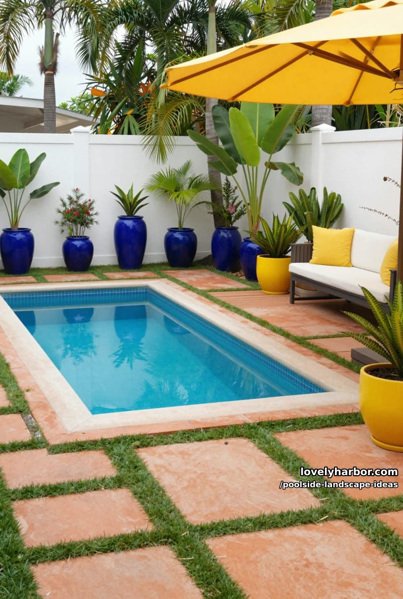 pool with terracotta tiles, tropical landscaping, and bold blue ceramic planters. 1