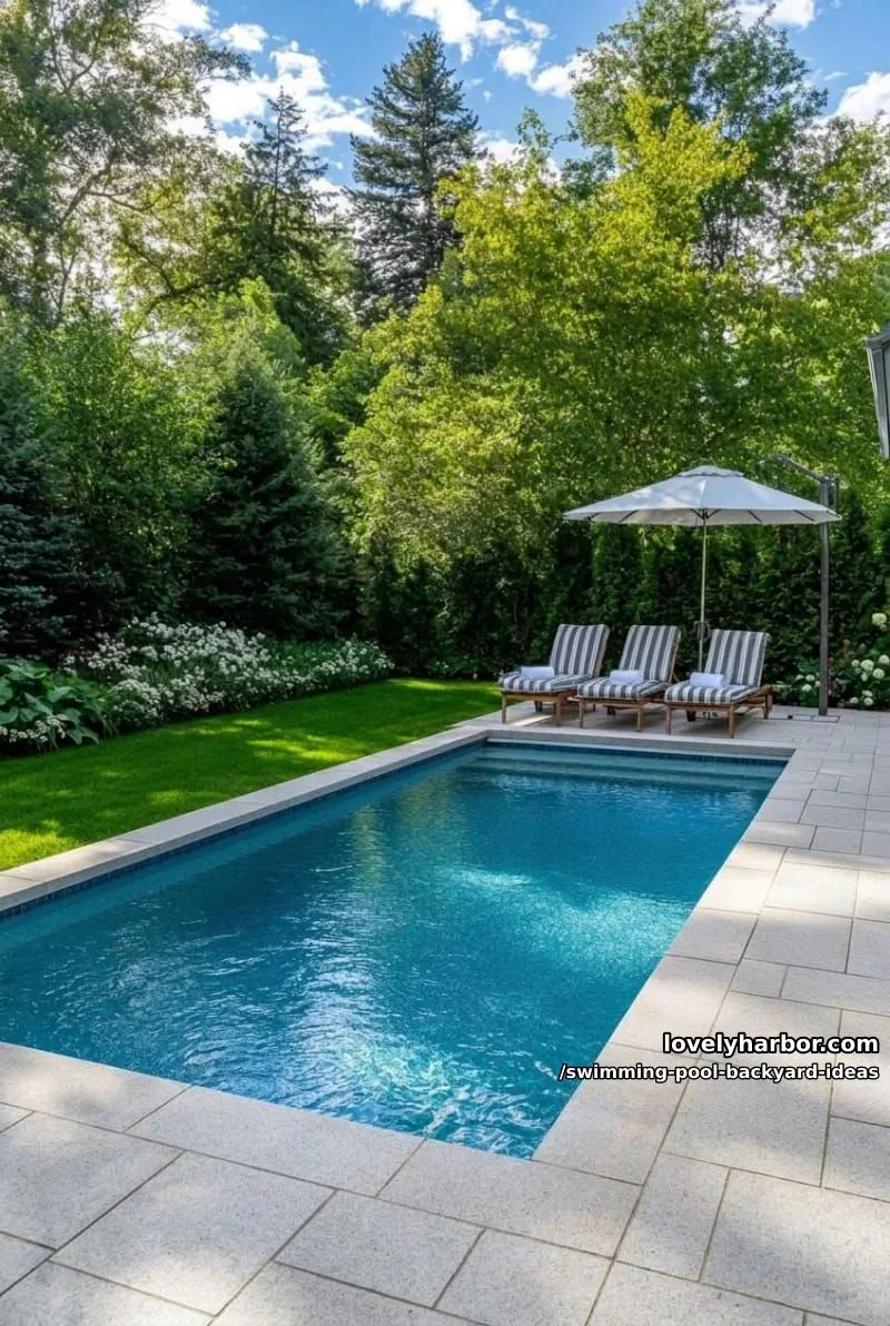 pool with trimmed grass, hydrangeas, striped loungers, and umbrella patio 1