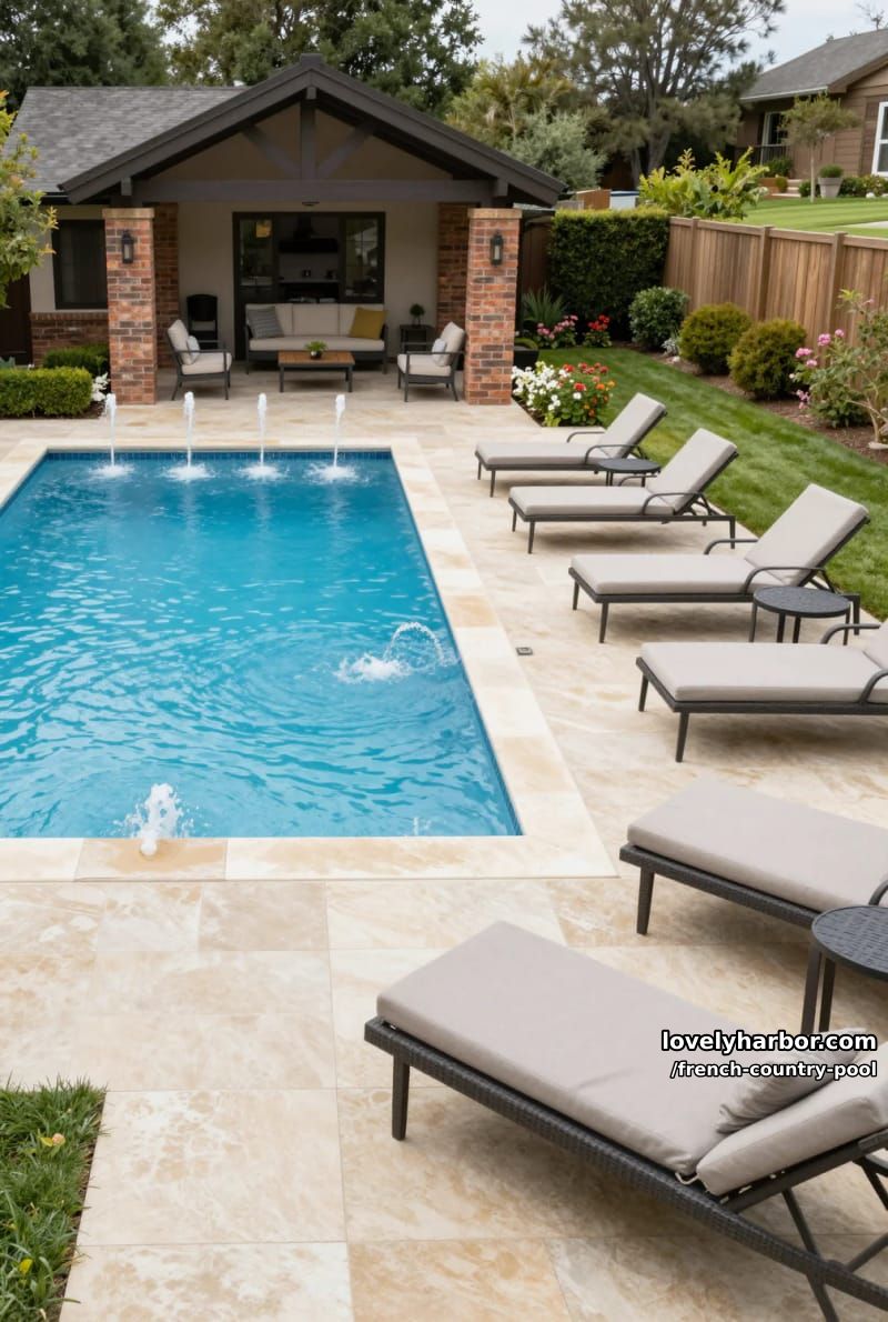pool with water jets, covered outdoor seating, brick pillars, and manicured landscape. 1