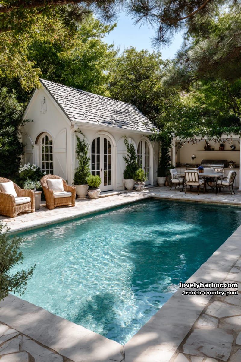 pool with white pool house, pergolas, string lights, outdoor kitchen, and dense trees. 1